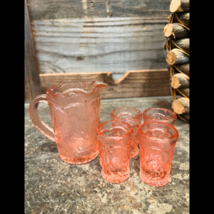 Miniature Pink Depression-Style Glass Pitcher with 4 Glasses