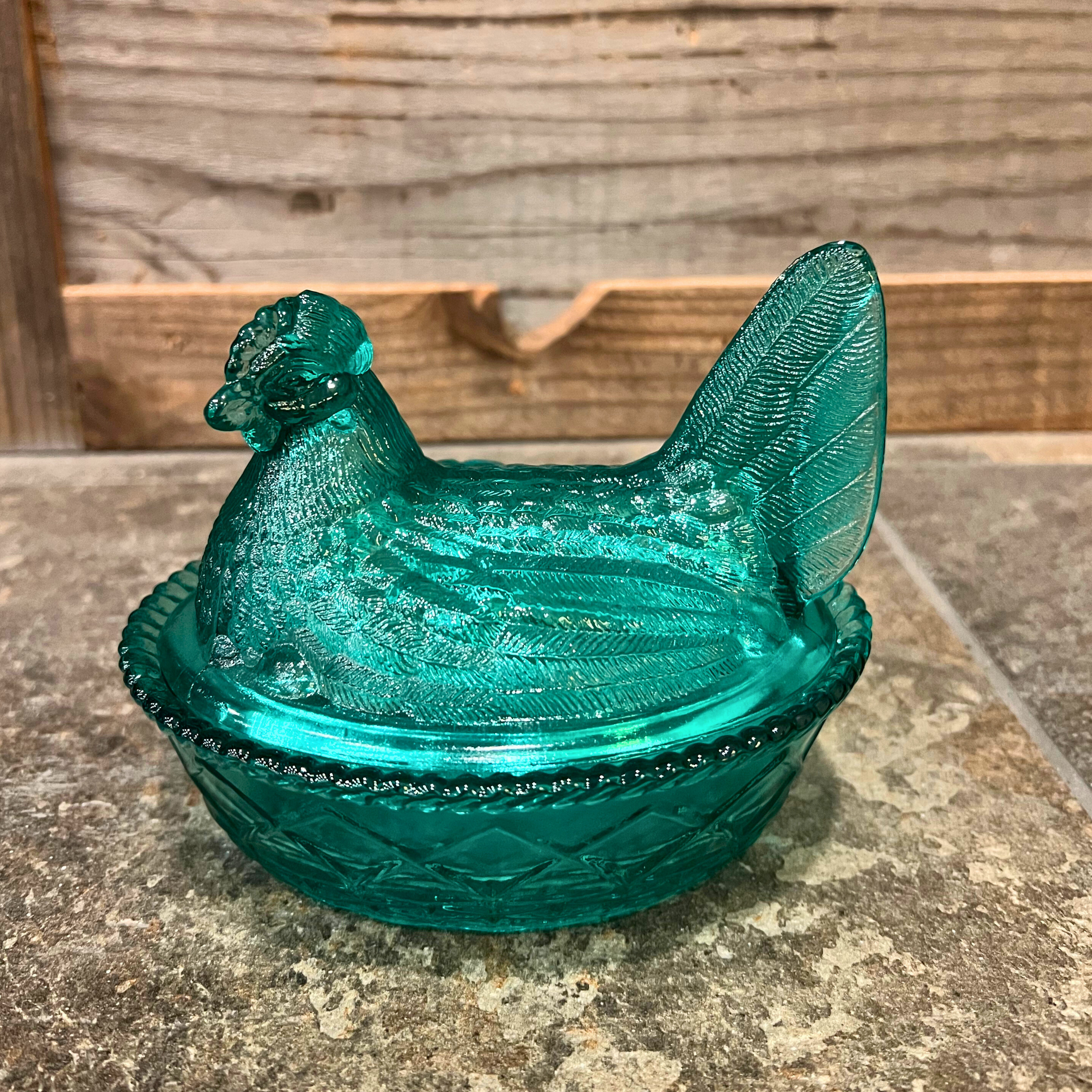 Mosser Glass Teal Hen on Nest - Rustic Timber Furniture and Home