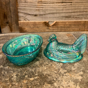 Mosser Glass Teal Carnival Hen on Nest