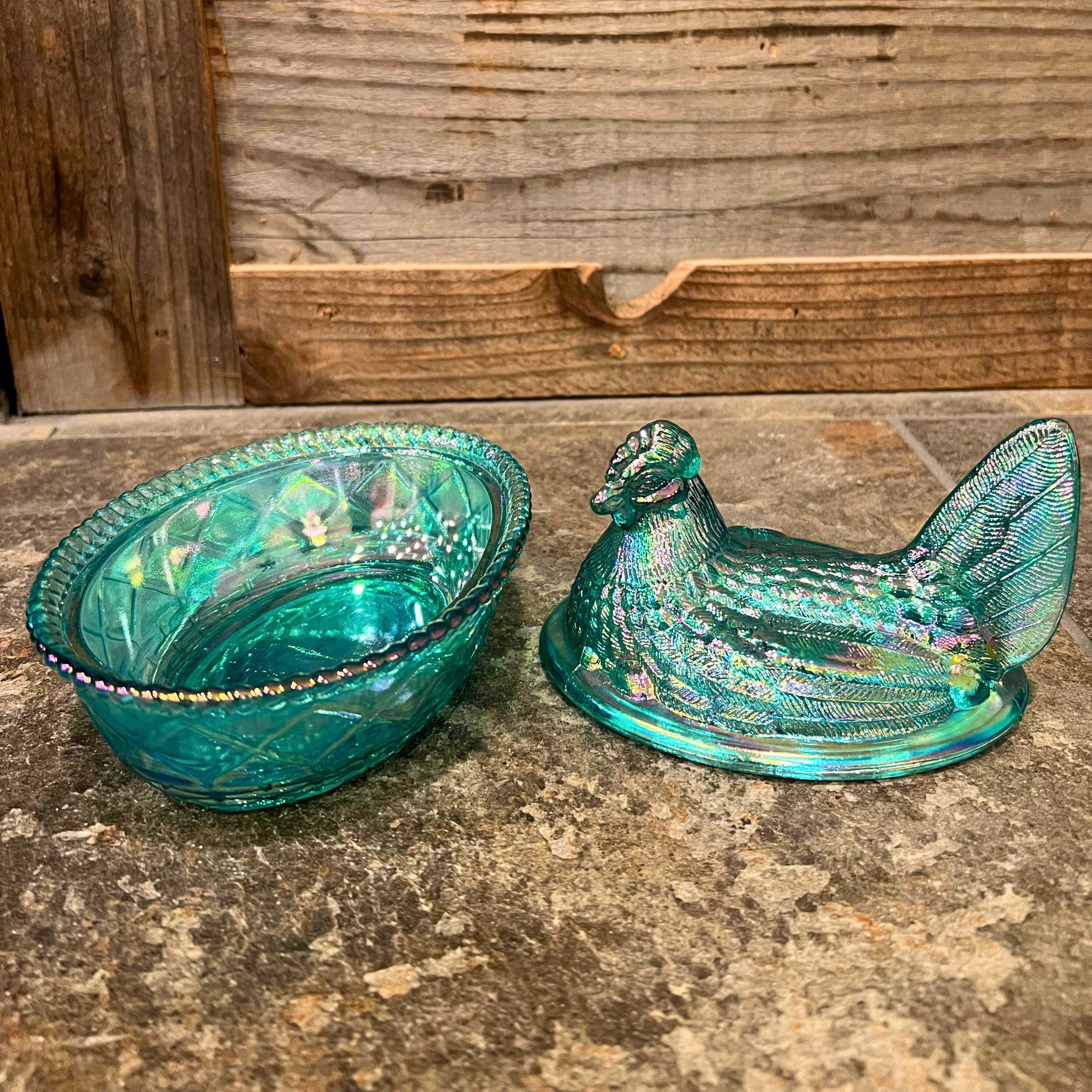 Mosser Glass Teal Carnival Hen on Nest - Rustic Timber Furniture